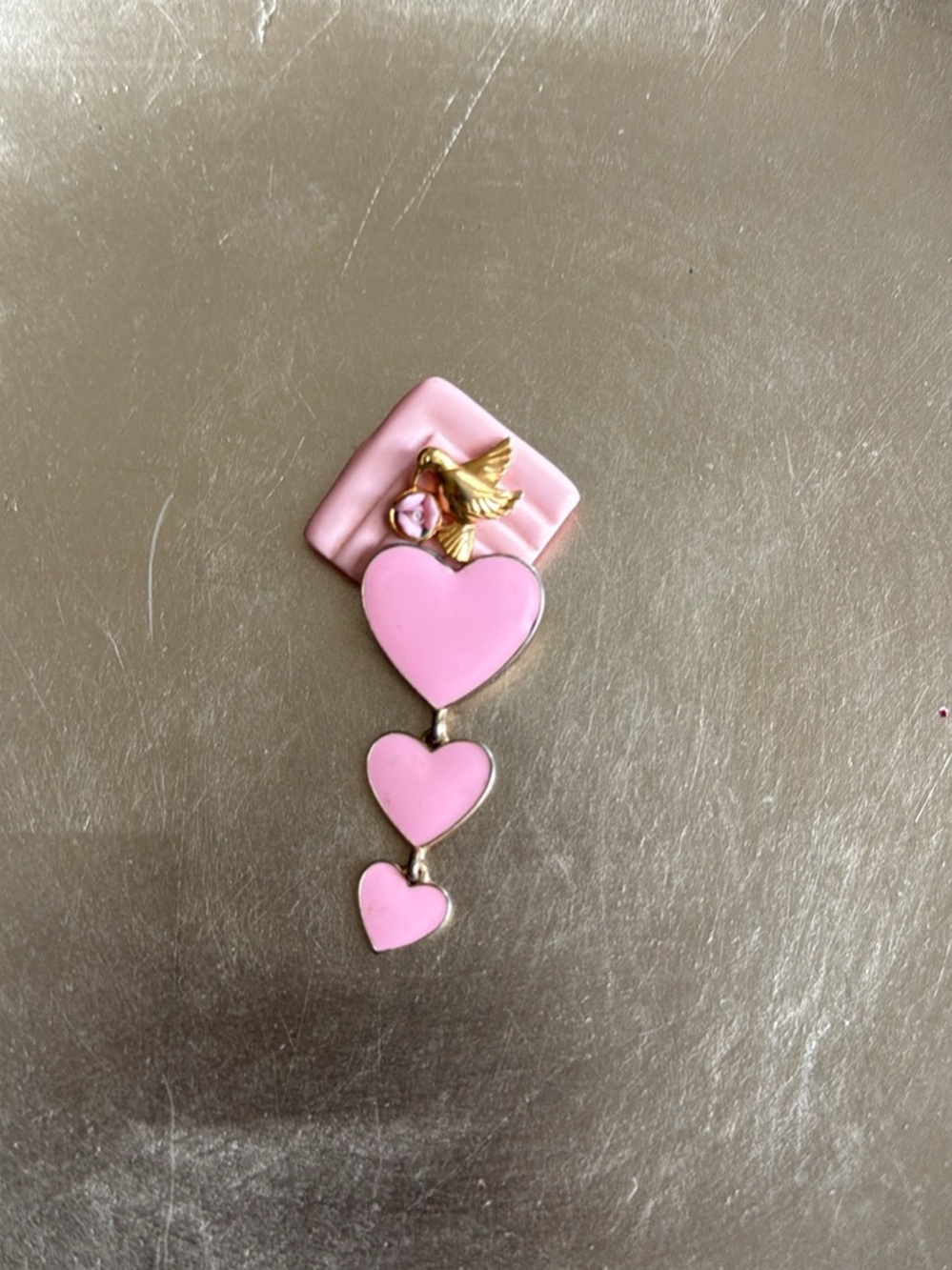 Pin Pink Heart Drop with Gold Bird Accent Upcycled Fun Brooch Gift Balletcore